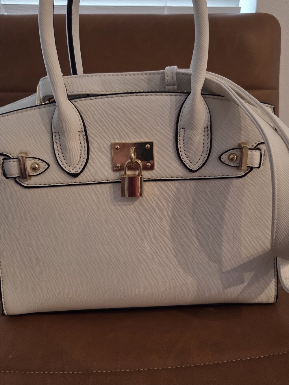 JustFab White Satchel with Gold Lock and Black Edge Piping
